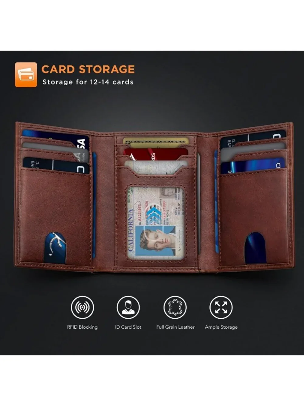 Slim RFID Blocking Leather Trifold Wallet for Men - 11 Card Slots, ID Window